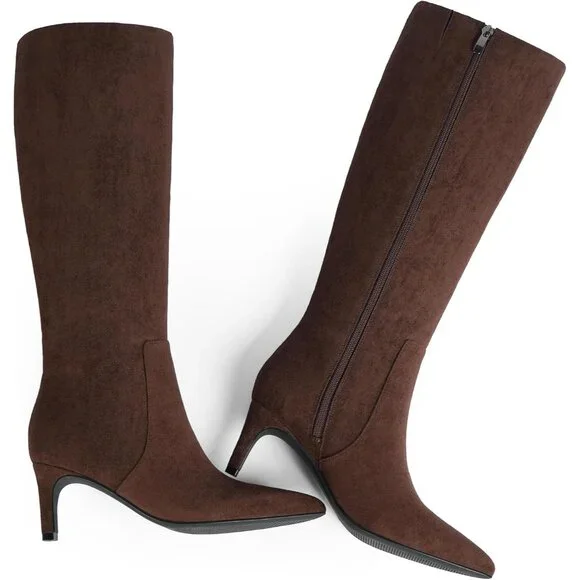 Women's Chocolate Tall Boots Pointed Toe Kitten Heel Side Zipper Knee High Boots